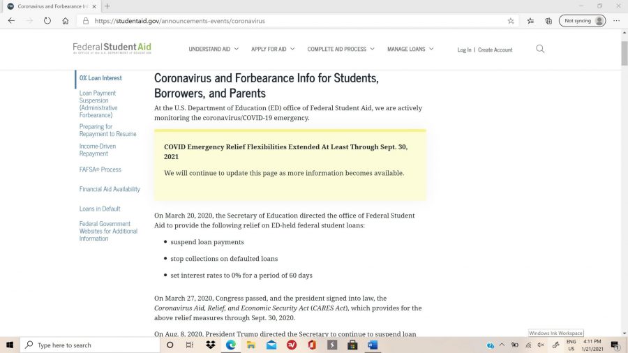 A screenshot of the Federal Student Aid website shows updates for student loan forbearance during the COVID-19 pandemic.