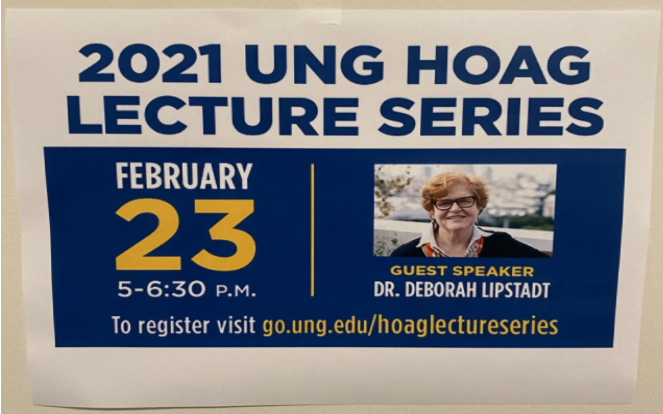 Poster advertising the antisemitism lecture, featuring guest speaker Deborah
Lipstadt. Photo by Alex Henry
