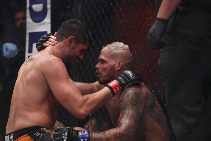 Antonio Carlos Jr. (left) and Bruce Souto (right) share a moment after their fight at PFL 4. Image by Matt Ferris. Image Courtesy of PFL MMA.