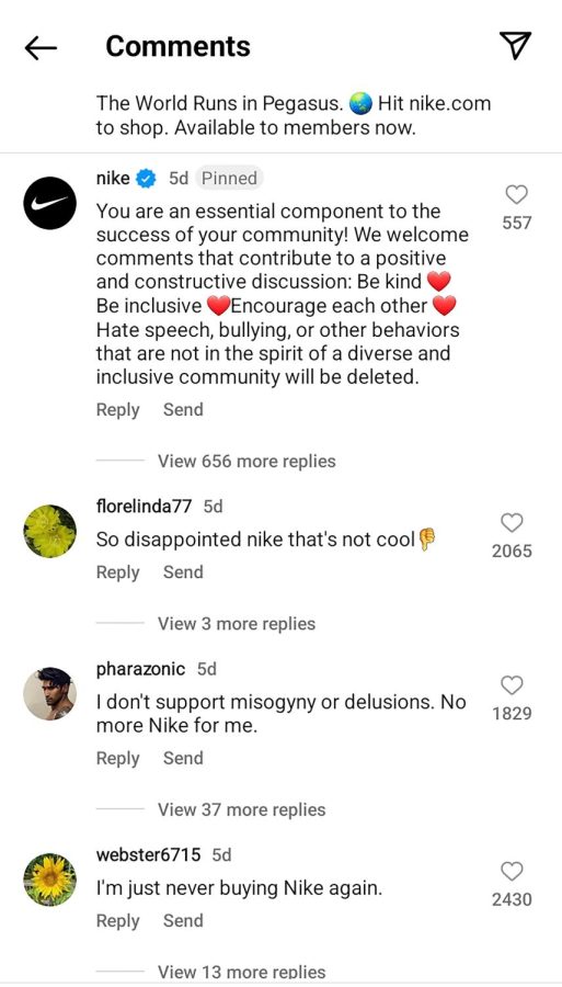 Nikes comment about the backlash of the collaboration on their offical Instagram account. Screenshot by Rebecca Ansley.