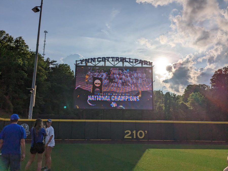 North Georgia Championship graphic being displayed at Haines and Carolyn Hill stadium at Lynn Cottrell Park after North Georgia won the Division Two National Championship. Photo by Devin Kupka