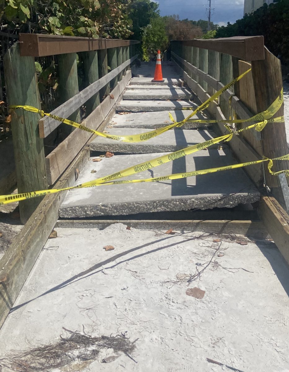 A walkway in Indian Shores Florida which despite only seeing the edge of the hurricane, did see minor damage. Seen here, moderate structural damage led the bridge to be closed off to public use.