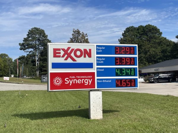 Seen here are recent gas prices at the Exxon at Browns Bridge Rd and Ash Cir. Store Property Manager Mark Mendoza said that last month costs peaked at $3.79 due to inflation.