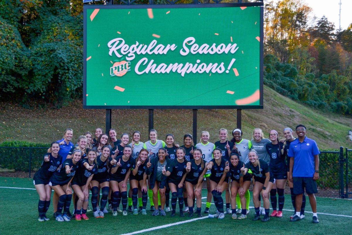 North Georgia Womens Soccer Team posing for a picture, after winning the 2023 Peach Belt Conference Regular Season Championship. Photo by Sydney Bolyard