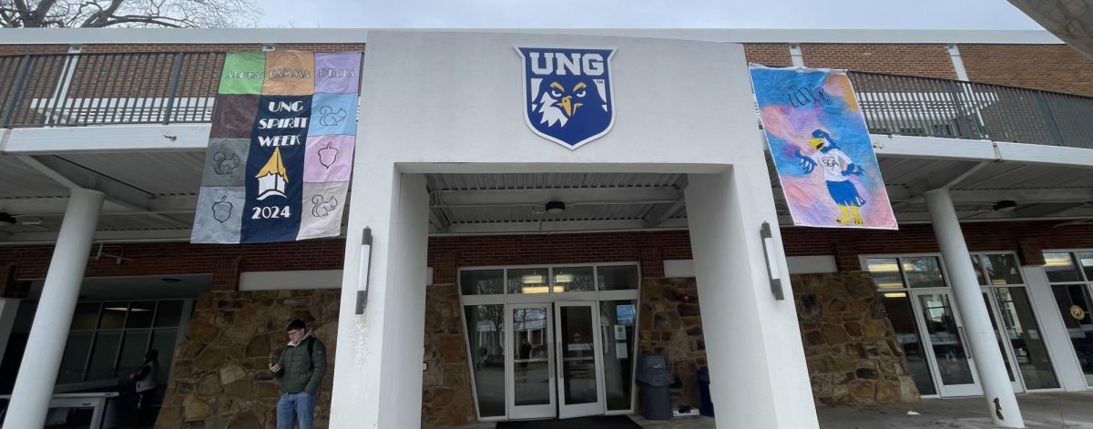 UNG Spirit Week banners hanging outside of the Hoag Student Center on the Dahlonega campus.
