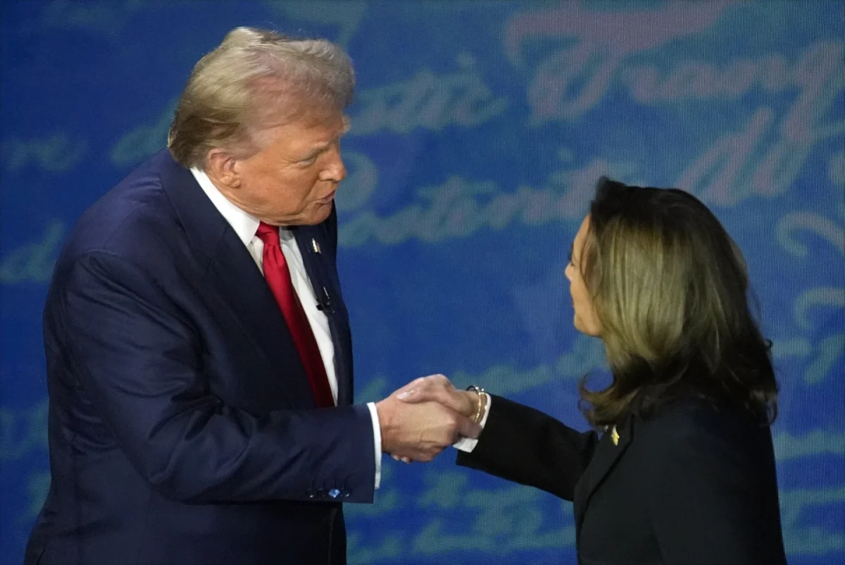 Trump and Harris exchange their first in-person greeting before the debate.