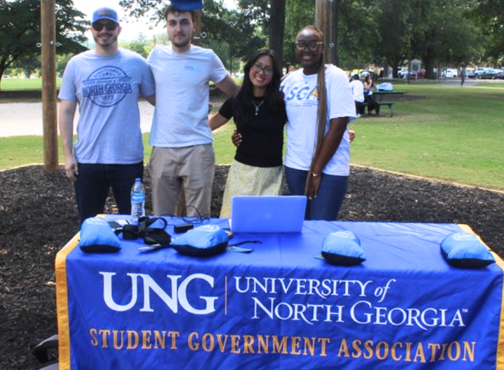 The SGA hosted a ribbon-cutting ceremony, which included a hammock giveaway. Left to right: Justin Gonzalez (Communications Chair), Radi Ghazal (Elections Chair), Shabnam Rezai (Vice President), and Aniya Taylor (Finance Chair)