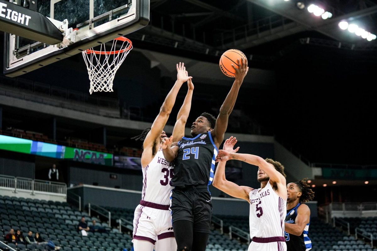 EVANSVILLE, INDIANA - No. 24 Cayden Charles going up for a layup against West Texas A&M in NCAA DII Elite Eight. Photo by Ben Lilley