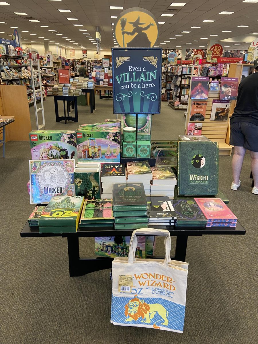 Barnes & Noble displays "Wicked" themed books, tote bags, dolls and LEGO playsets. 