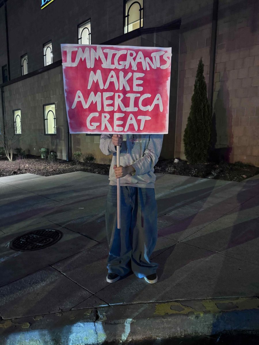 Protester carrying "Immigrants Make American Great" sign during the Jan. 29 mass deportation protest.