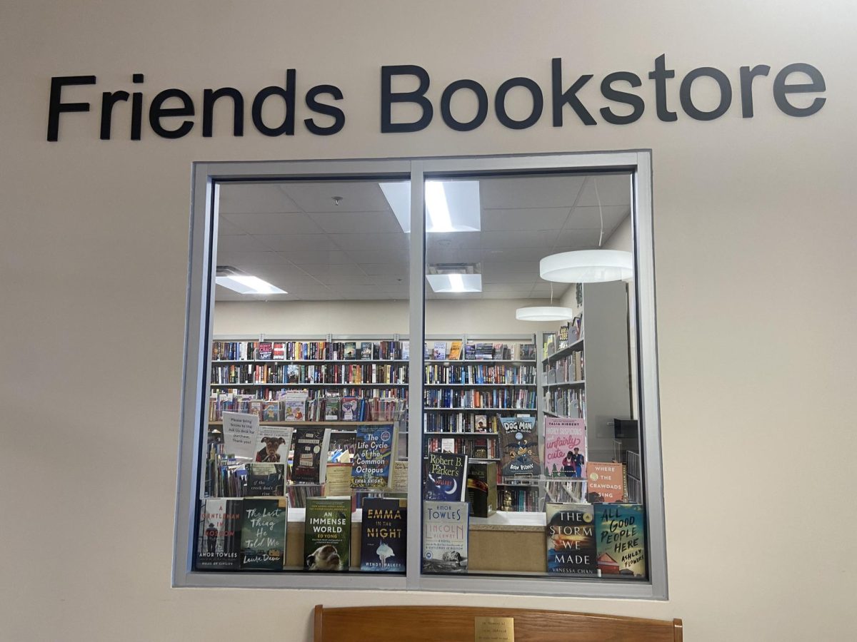 Friends Bookstore regularly displays discounted books in the shop window to let visitors know about ongoing sales and special offers.