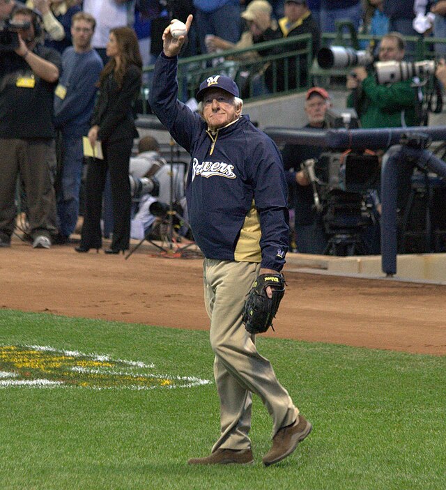 Bob Uecker takes the mound to throw out the first pitch at a Milwaukee Brewers game in 2011.