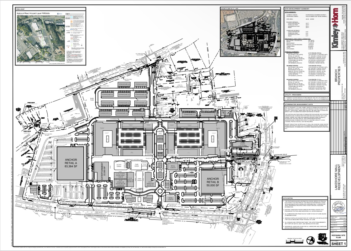 Renovation project outline describing location of townhomes, apartments, and stores. 