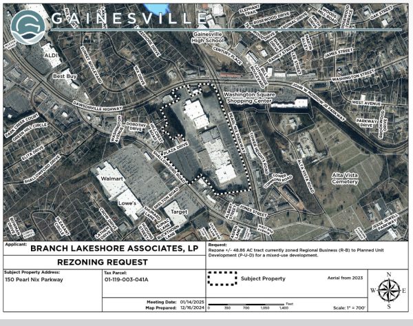 The highlighted area shows the requested space to be rezoned and redeveloped for the Lakeshore project.