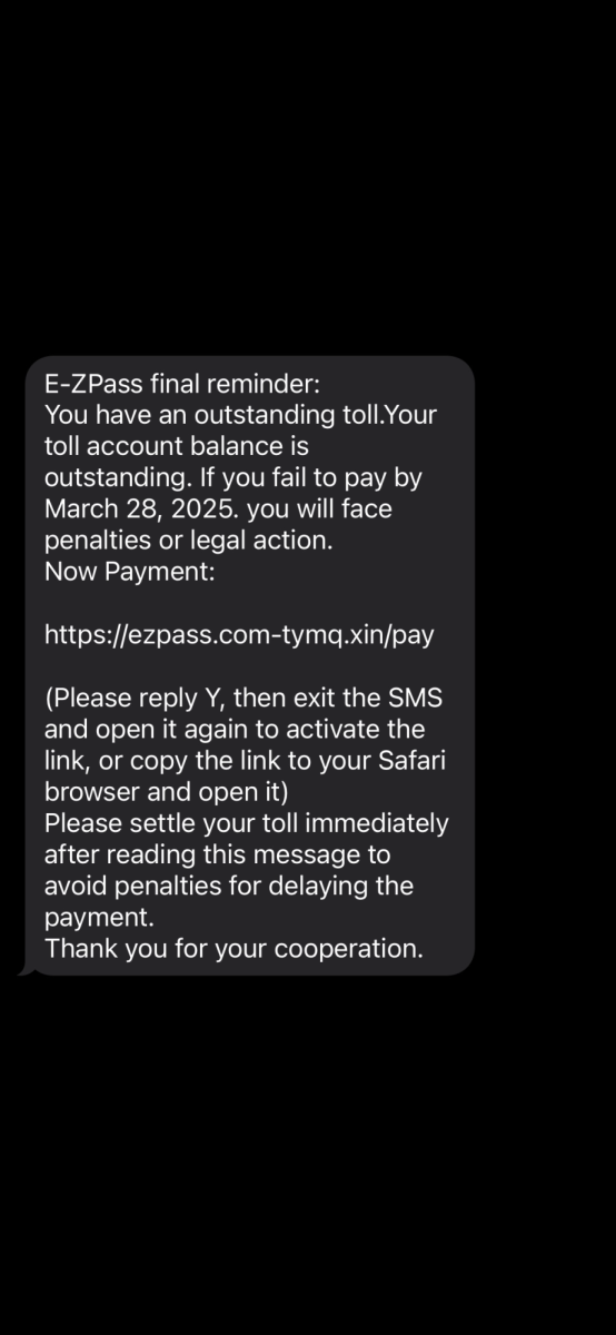 A screenshot of an ‘E-ZPass’ scam text that claims a victim has outstanding fines.